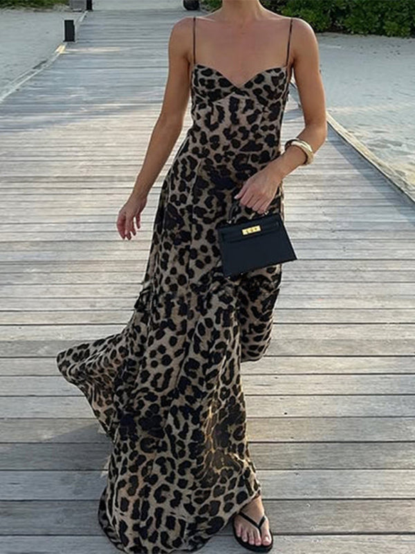 Leopard Print Sling Maxi Dress – Woven Sleeveless Spring-Summer Fit