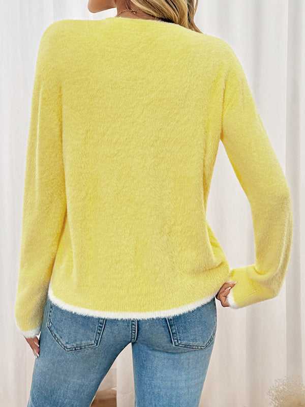 Fargeblokk V-hals Strikket Cardigan med Sløyfedetalj