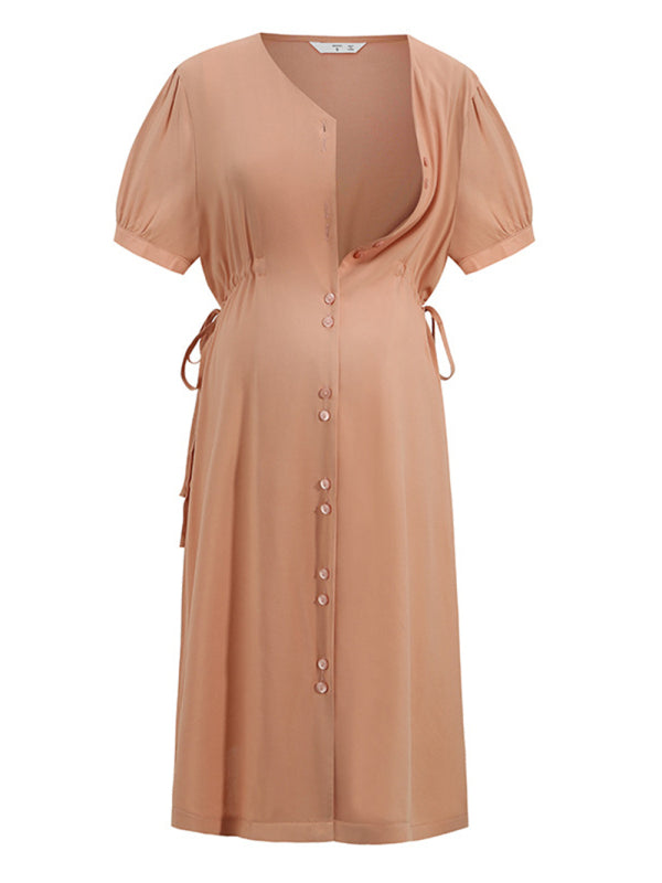 Maternity Button-Down Short Sleeve Dress with Drawstring Waist – Pink