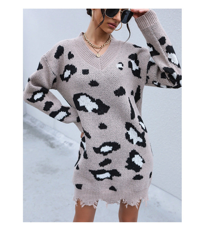 Leopard Knit V-Neck Sweater Dress - Long Sleeve Khaki