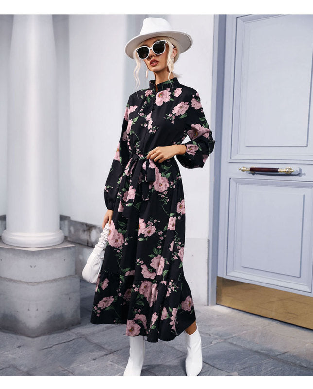 Printed Long Sleeve Midi Dress – Autumn Winter Photo Color