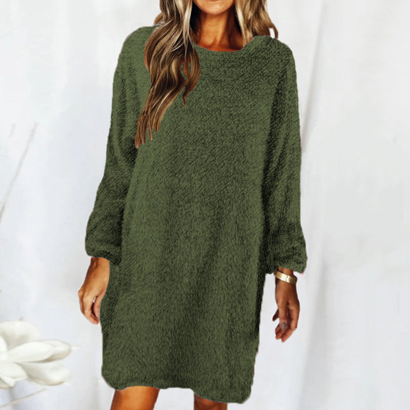 Plush Cotton Lounge Dress – Long Sleeve Relaxed Fit for Fall and Winter Olive green