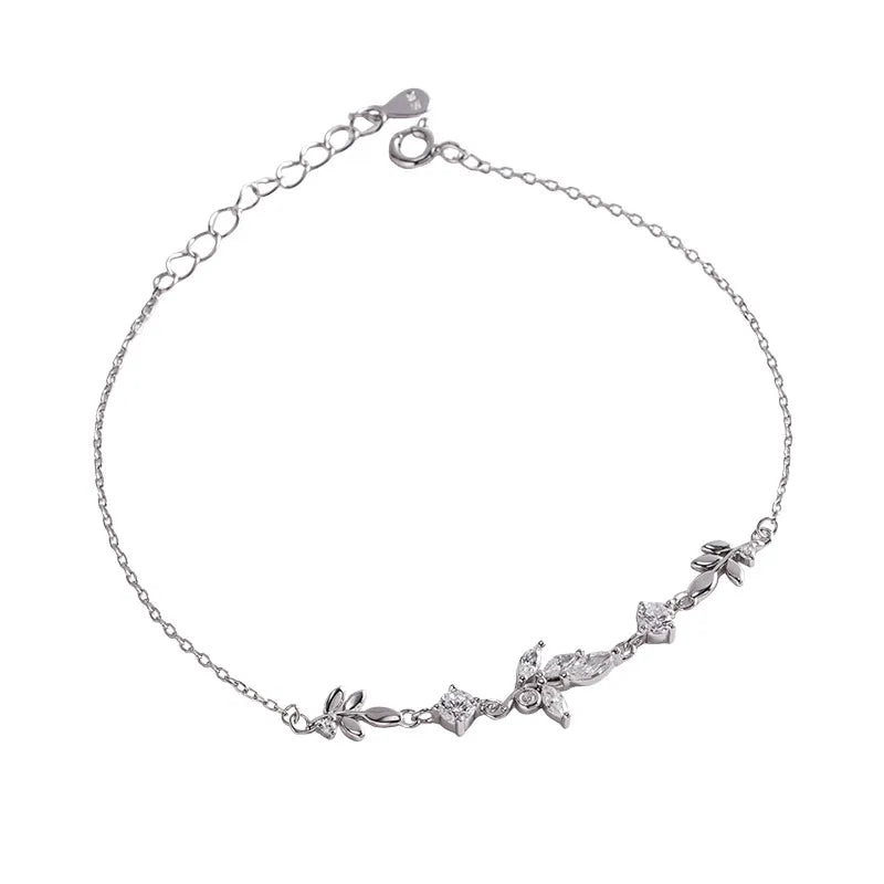 Sterling Silver Wheat Ear Bracelet with Zircon Leaf