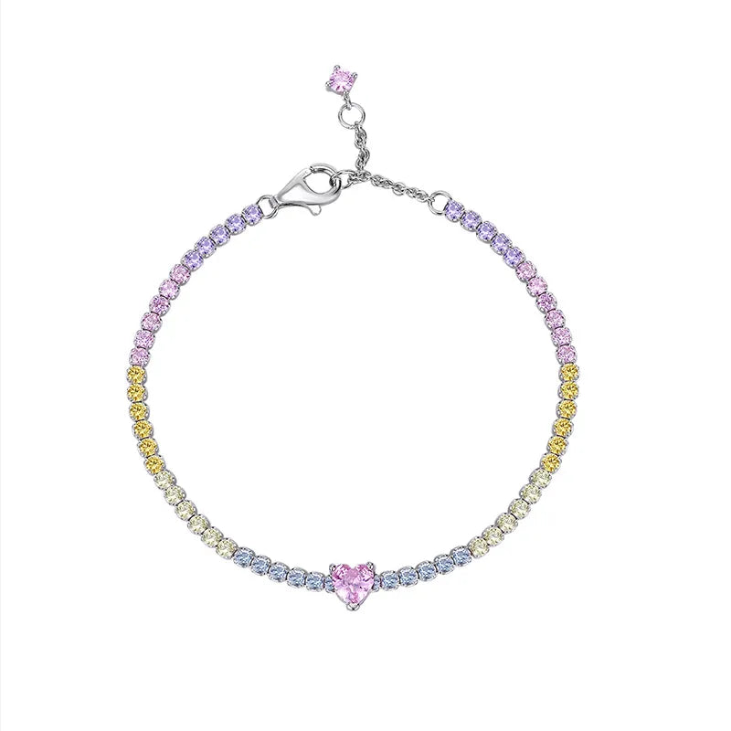 Rainbow Zircon Heart Tennis Bracelet in Sterling Silver