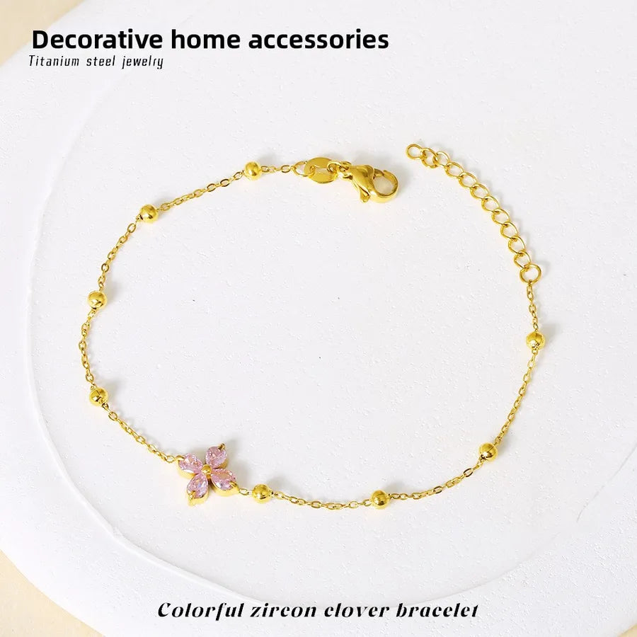 Adjustable Four Leaf Clover Zirconia Bracelet B0048G-1 Gold Pink Diamond Four-leaf Flower Bracelet