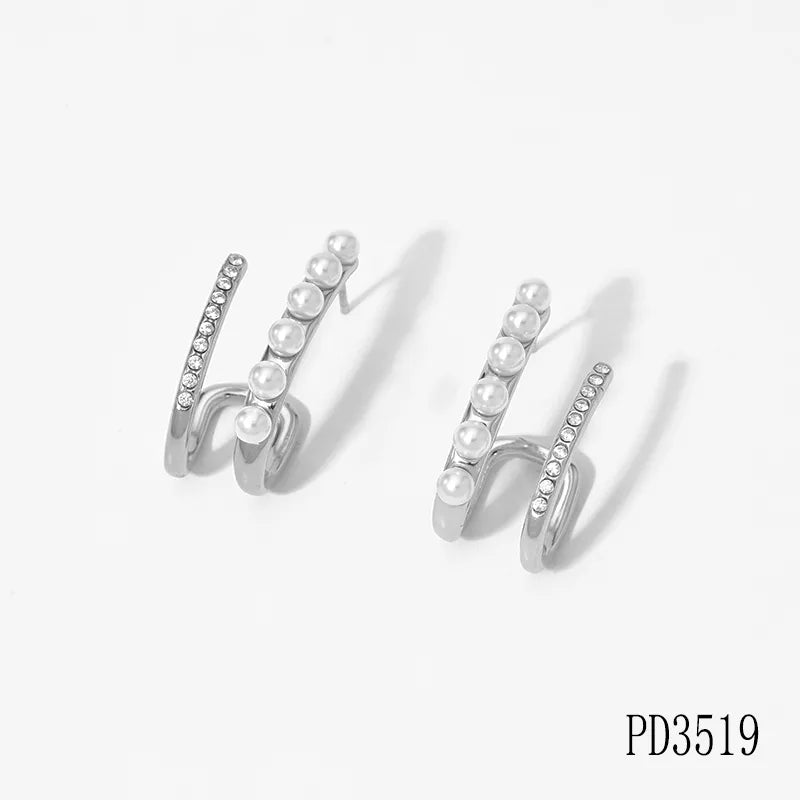 French Retro Pearl Zircon C-Shaped Earrings Silver PD3519