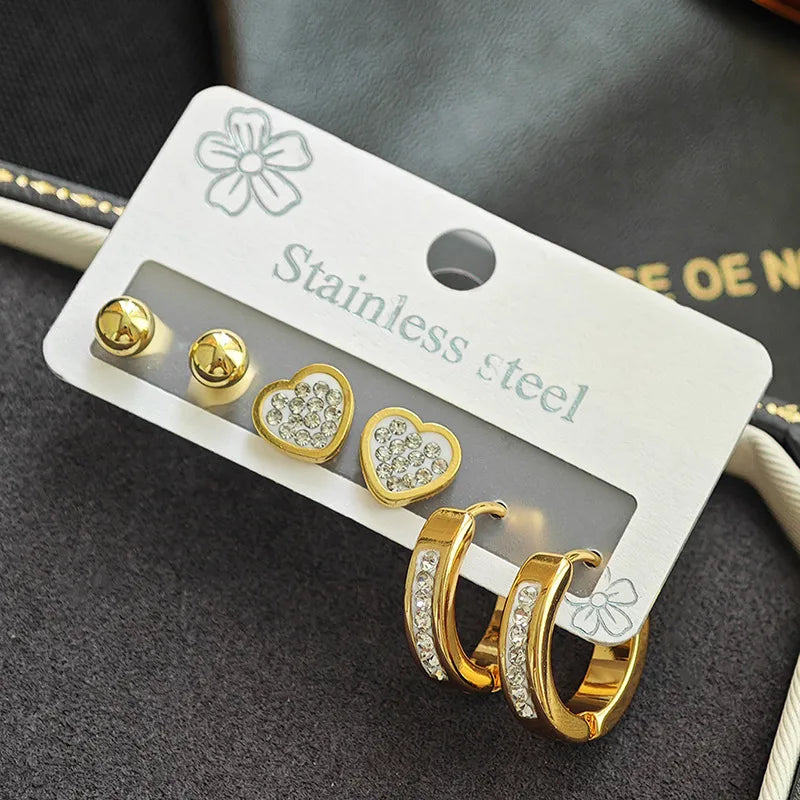 Women's Titanium Star Flower Hoop Earrings Round Bead Heart Full Diamond Earrings