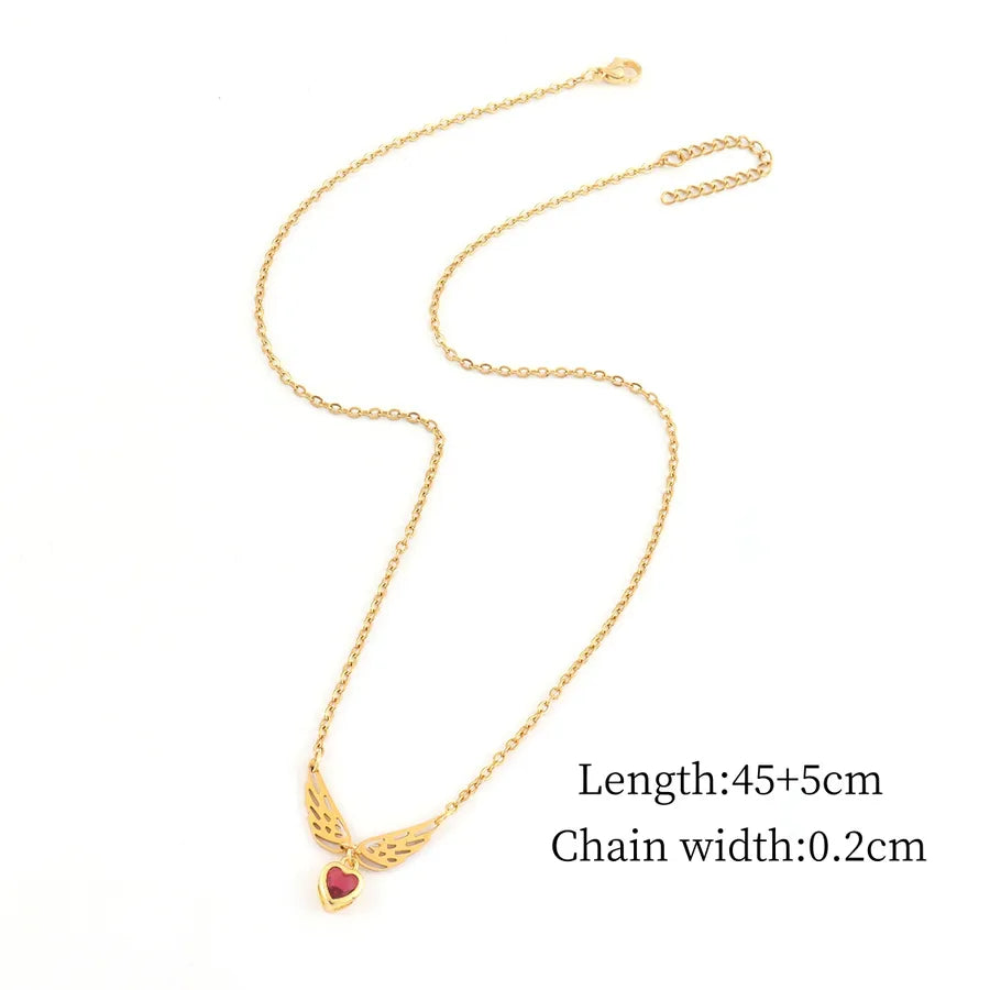 Gold Angel Wings Heart Pendant Necklace Gold Red