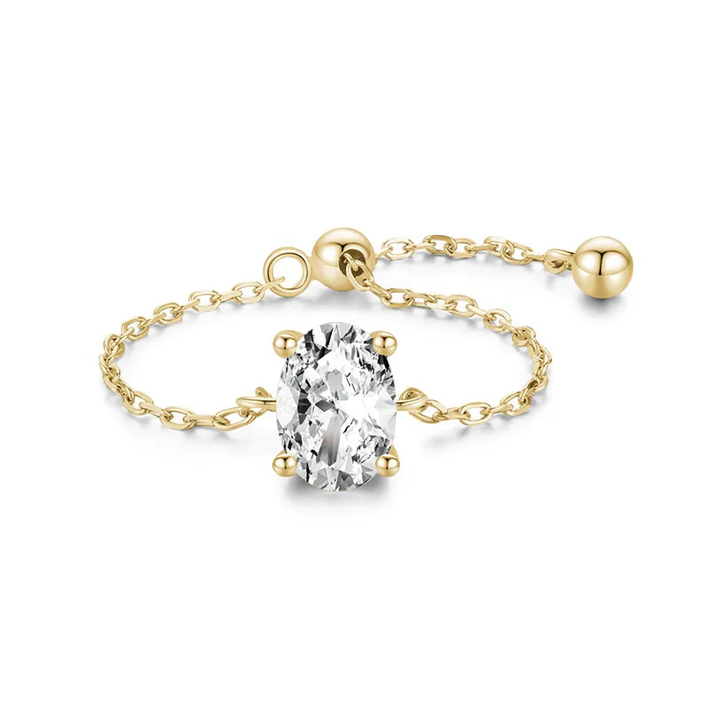 Sterling Silver Oval Zircon Adjustable Ring Gold 925 Silver