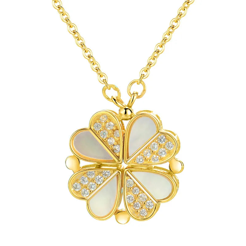 925 Silver Four Leaf Clover Zircon Pendant Necklace Gold 40+5cm