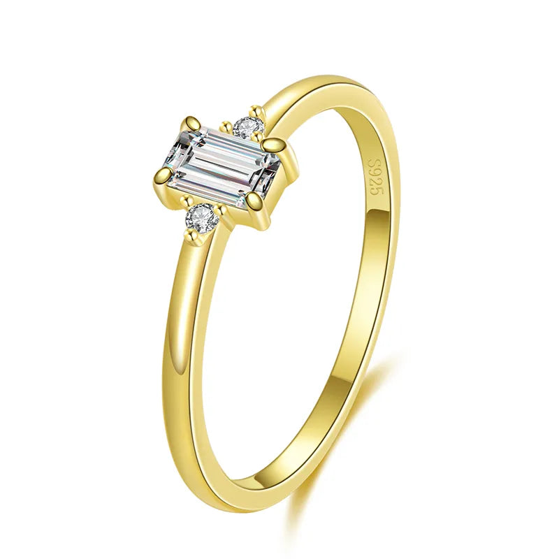 925 Sterling Silver Rectangle Zircon Ring Gold 925 Silver