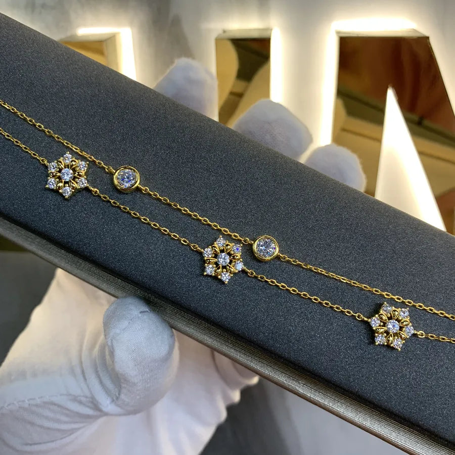 Double Layer Snowflake Diamond Bracelet Gold 925 Silver