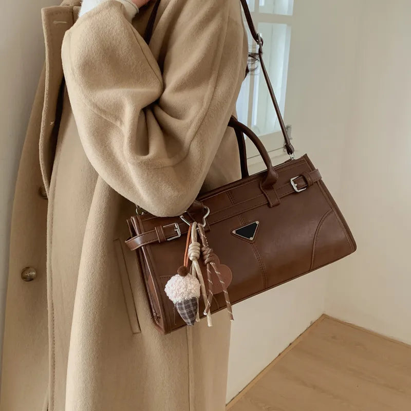 Faux Leather Square Shoulder Bag with Pom Pom - Smiling Maria - Everything For Women