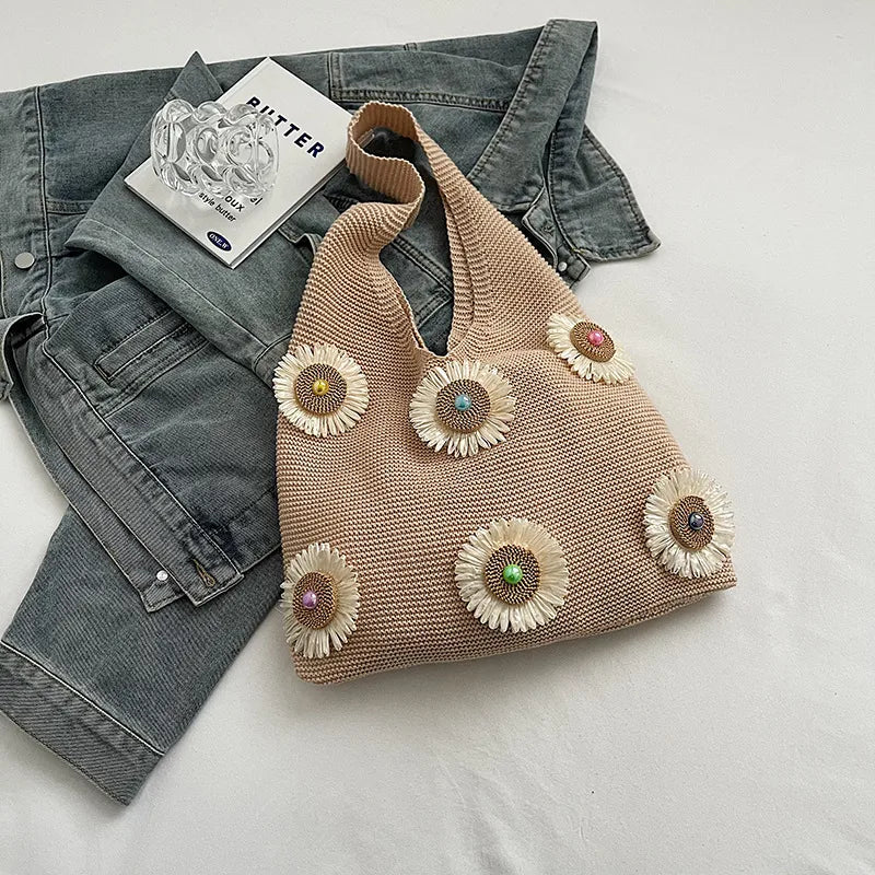 Women's Knit Floral Beach Shoulder Bag Khaki