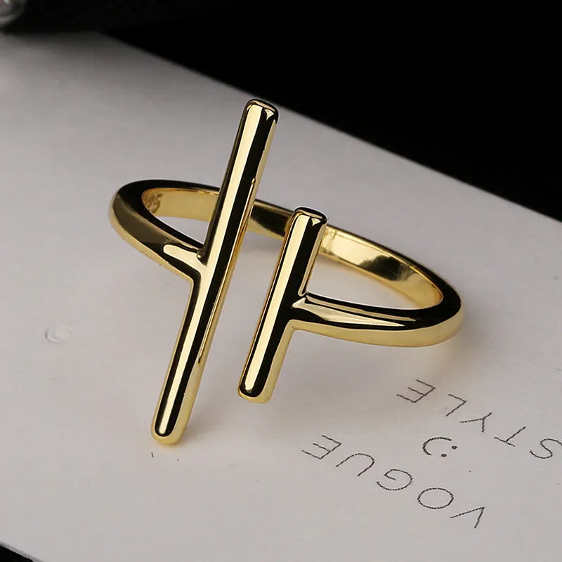 Elegant Geometric 925 Sterling Silver Ring Adjustable Opening Gold