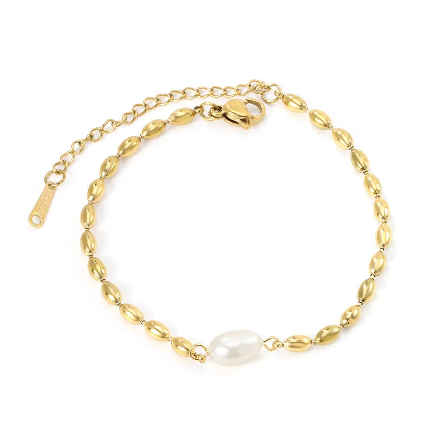 Gold Wheat Bead & Pearl Bracelet for Women