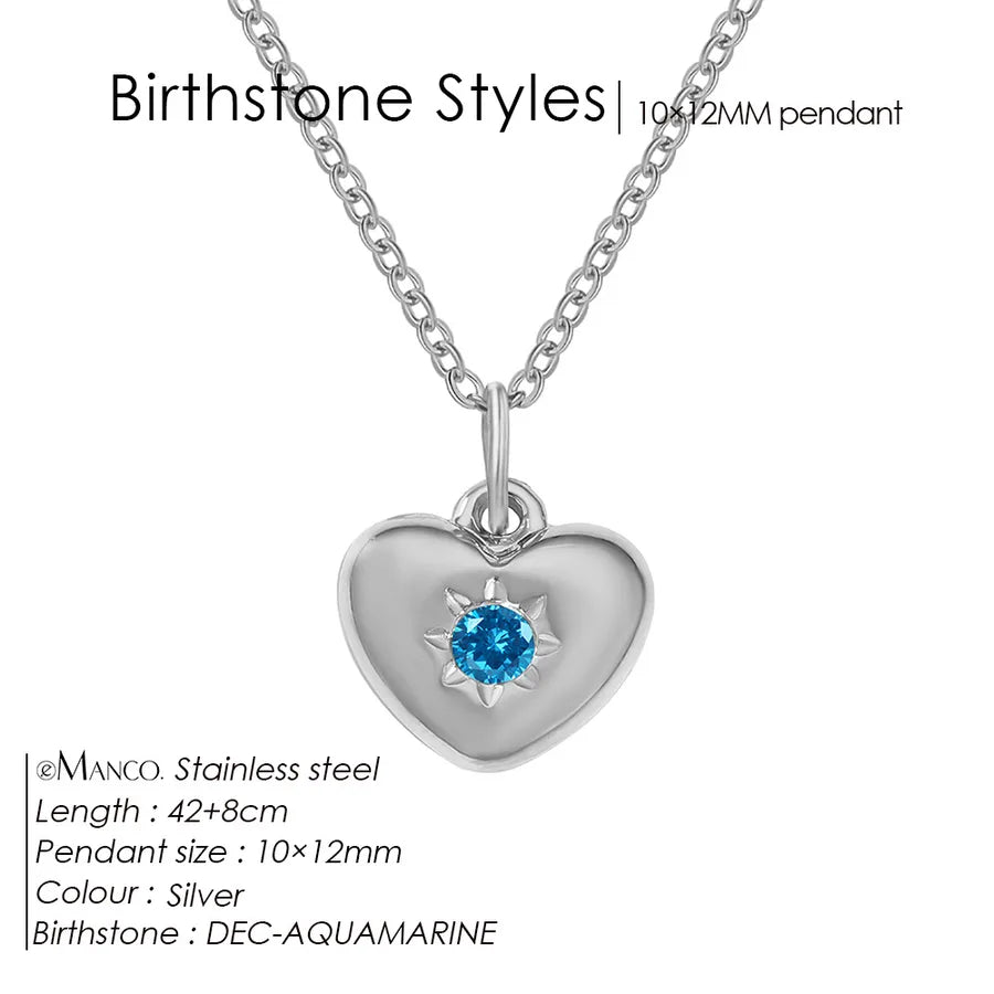 14K Gold Heart Birthstone Necklace for Women December Lake Water Blue Steel Color