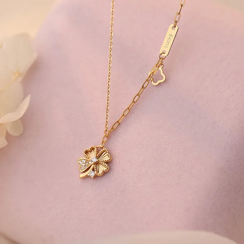 925 Sterling Silver Four Leaf Clover Pendant Necklace Four-Leaf Clover Necklace-Champagne 925 Silver