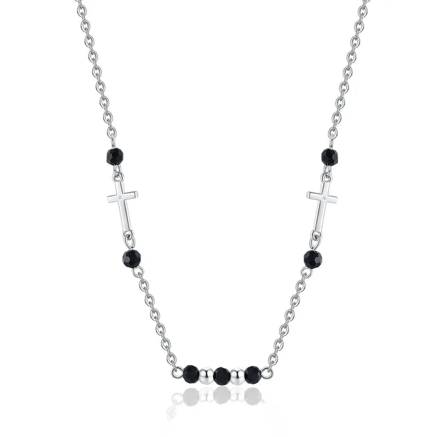Sterling Silver Black Bead Cross Choker Necklace