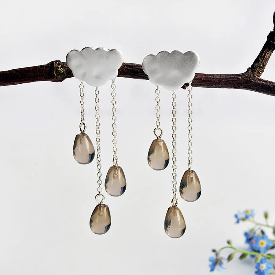 925 Silver Cloud Drop Earrings Silver Brown Stone