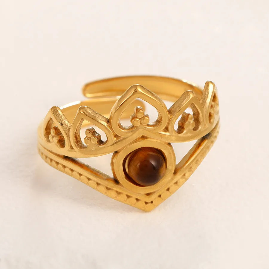Adjustable Gold Crown Ring in Stainless Steel Adjustable Opening 18k real gold love Brown stone