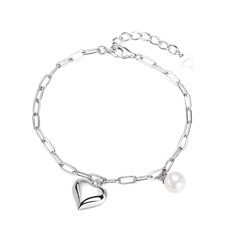 925 Silver Heart & Pearl Bracelet for Women