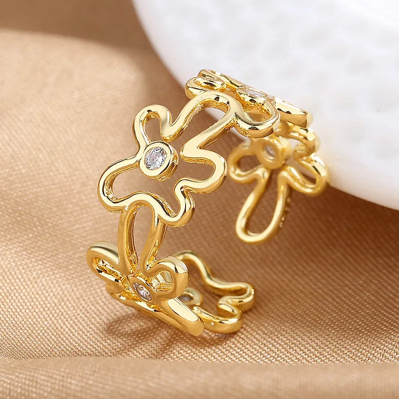 925 Silver Floral Open Ring for Women Adjustable Opening Gold