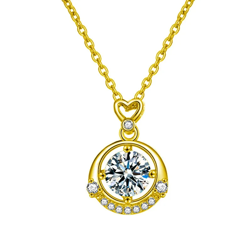 925 Silver Heart Moissanite Pendant Necklace Love Four Claw Necklace (Gold) 1 Karat Moissanite