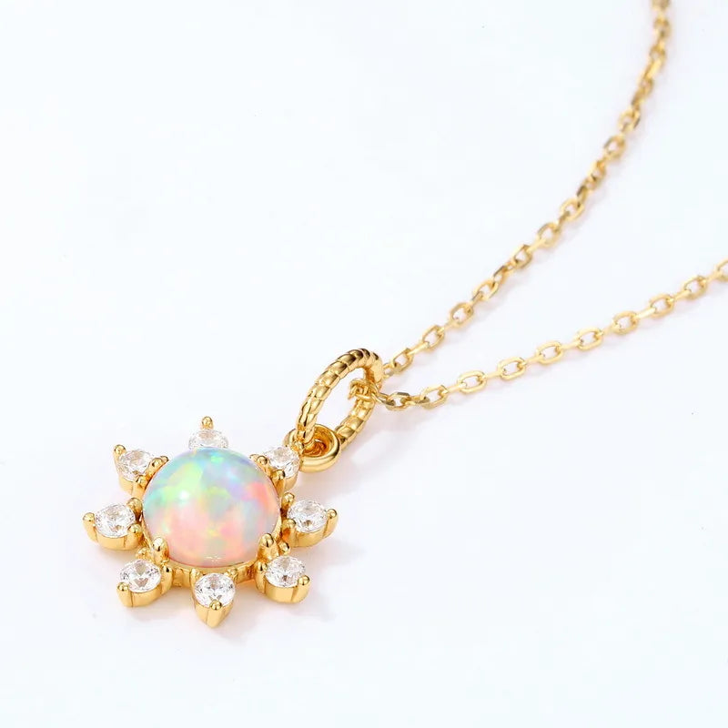 Opal Sun Pendant Necklace in 925 Silver & 10K Gold