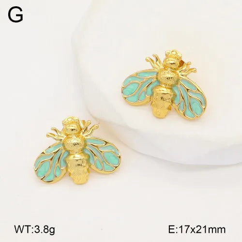 Gold Bee Stud Earrings with Resin & Hammered Finish 21*17mm Blue Gold 1 Pair Package