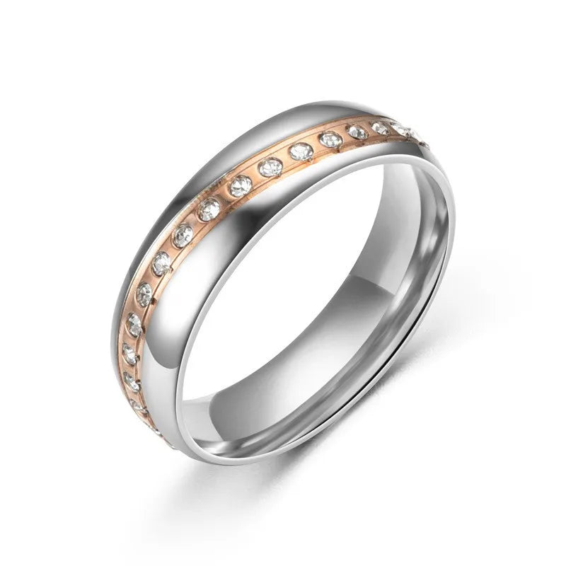 Rose Gold Stainless Steel Couple Rings Women's Diamond
