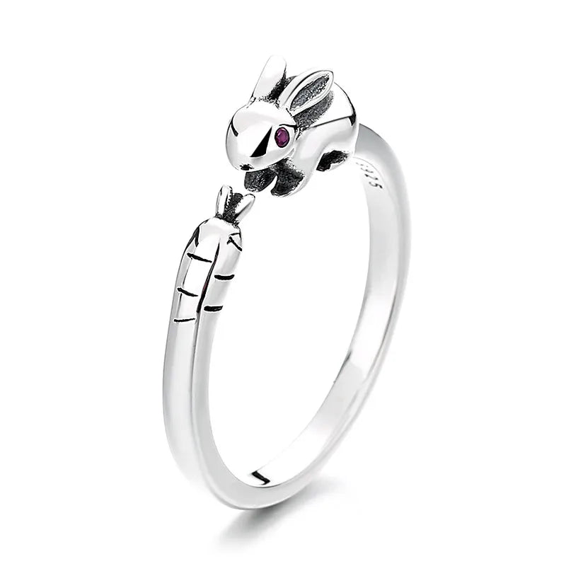 Cute Rabbit & Carrot S925 Silver Open Ring