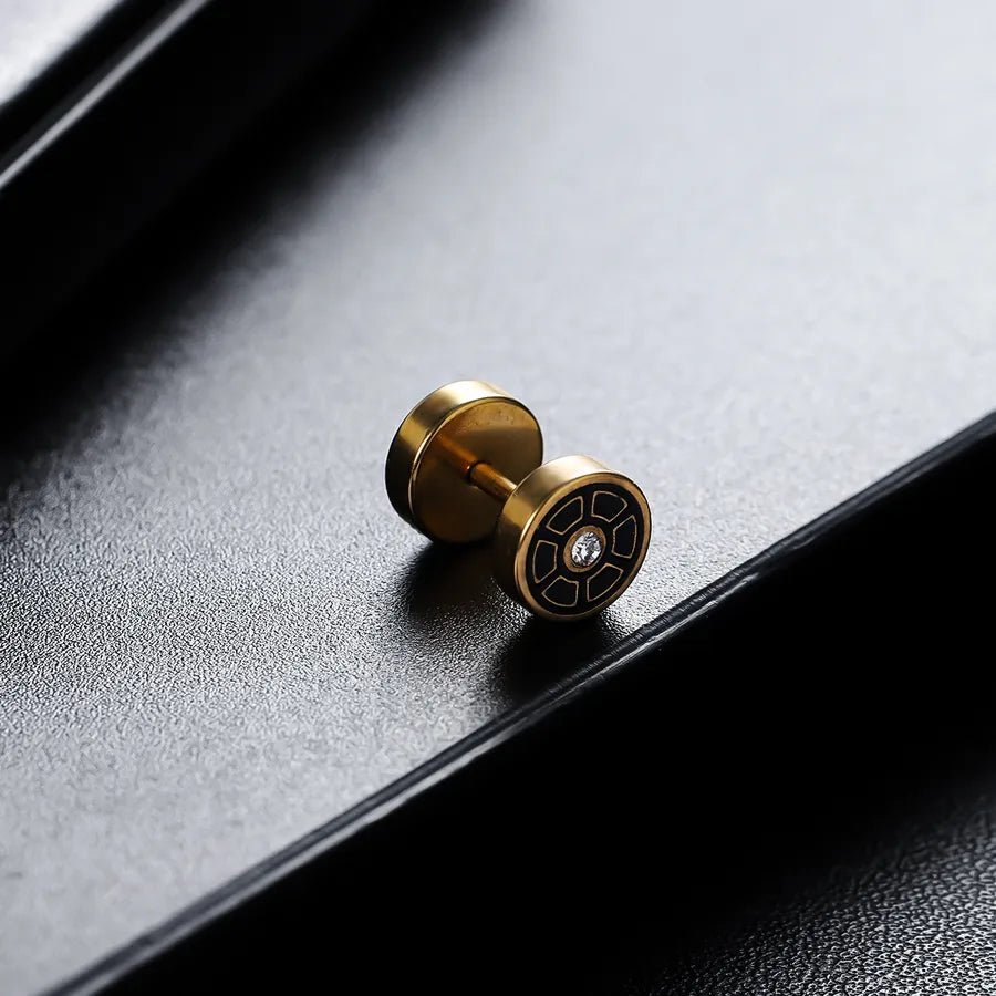 Retro Round Disc Titanium Stud Earrings X725-C (Great Wall Pattern Diamond Stud Earrings) Single Piece