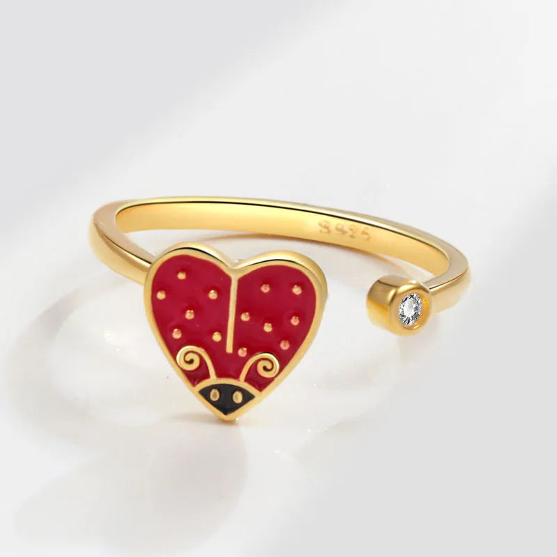 18K Gold Plated Sterling Silver Heart Beetle Ring Adjustable Opening 18K Gold