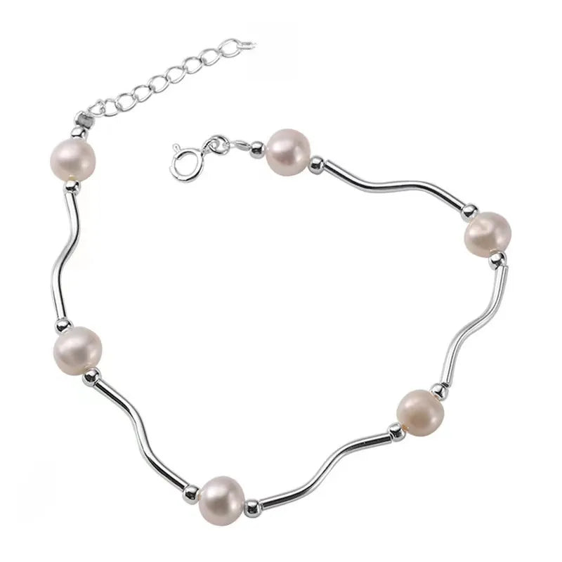 Freshwater Pearl Wave Bracelet in Sterling Silver