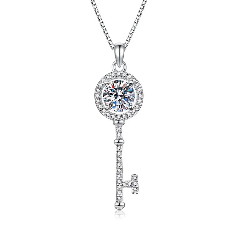 Moissanite Key Pendant Necklace in Sterling Silver