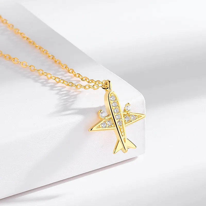 Sterling Silver Airplane Pendant Necklace 18K Color 925 Silver