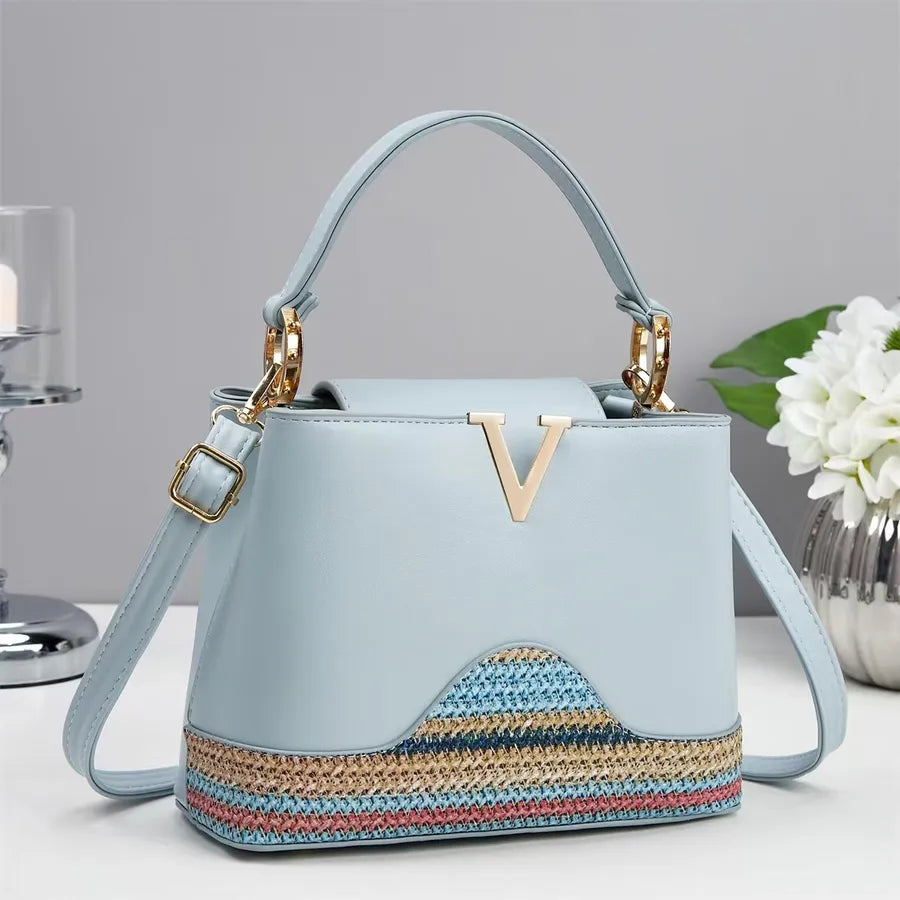 Spliced PU Leather Crossbody Bucket Bag Light Blue