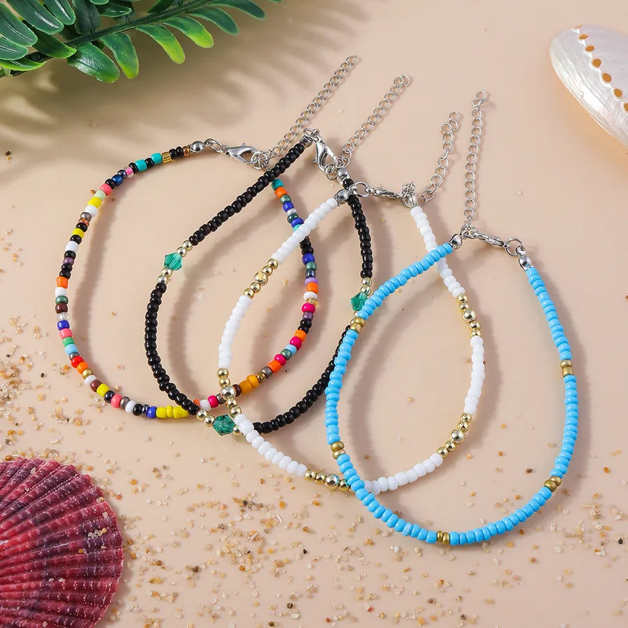 Boho Colorful Beaded Anklet Set for Women Black and Blue Cabbage Four Days Set