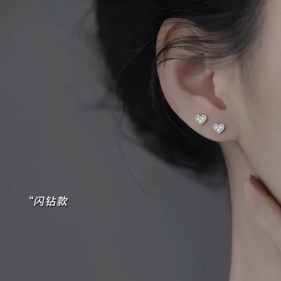 925 Sterling Silver Geometric Heart Stud Earrings Silver Rhinestone Love Style Sterling Silver S925 Material