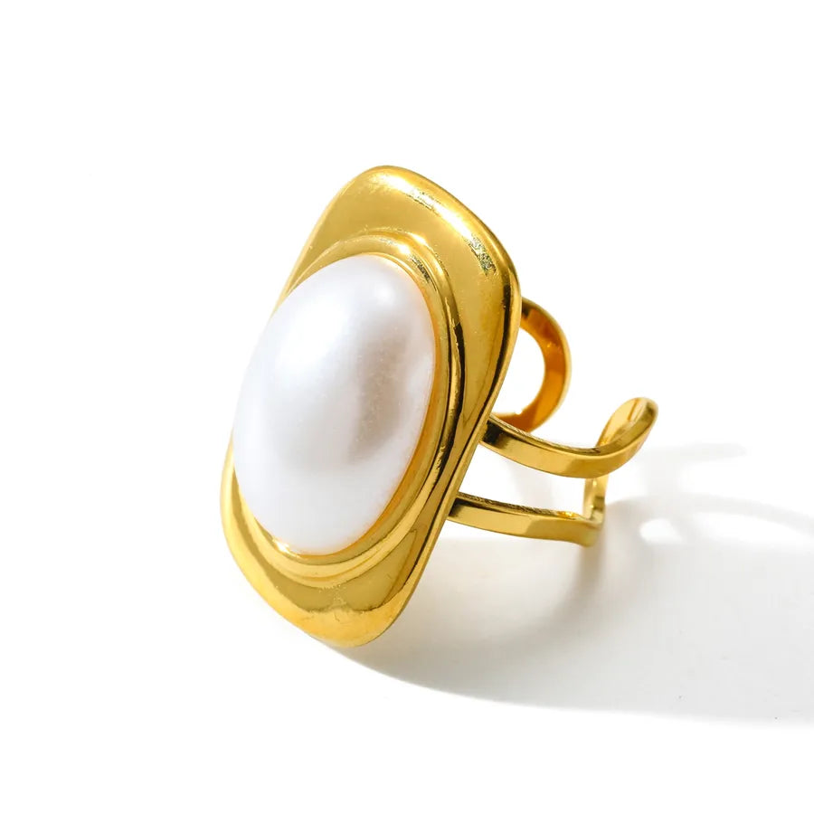Elegant 18K Gold Open Ring with Imitation Pearl 2-Adjustable