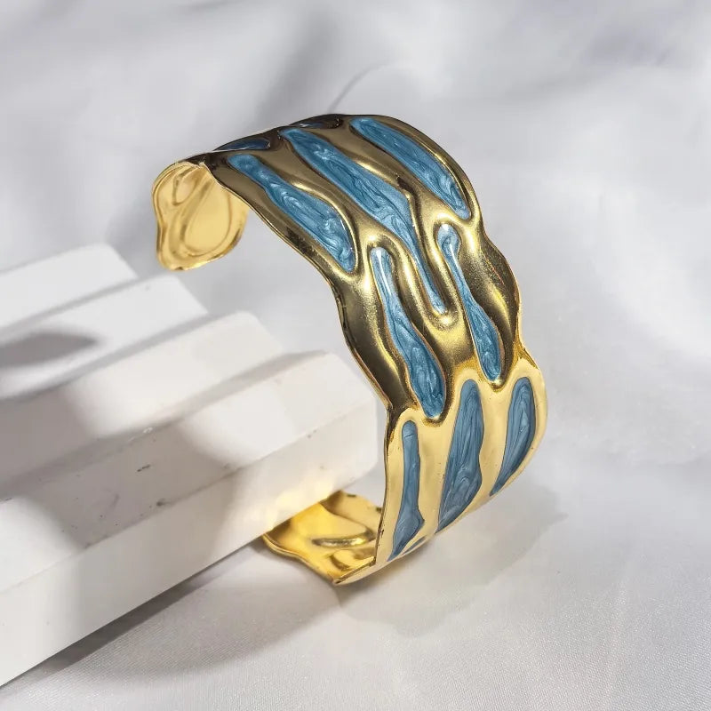 Gold Wave Stainless Steel Bangle Blue