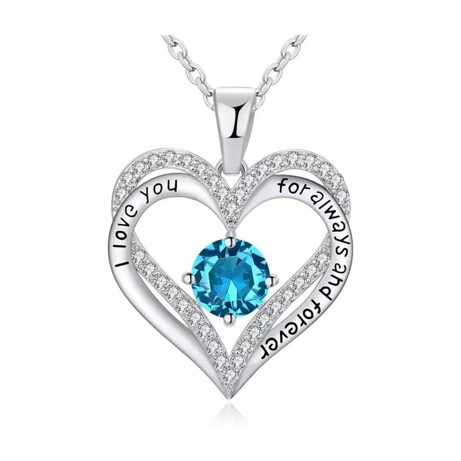 Sterling Silver Heart Birthstone Pendant Necklace December (Lake Blue Diamond White Gold) 925 Silver