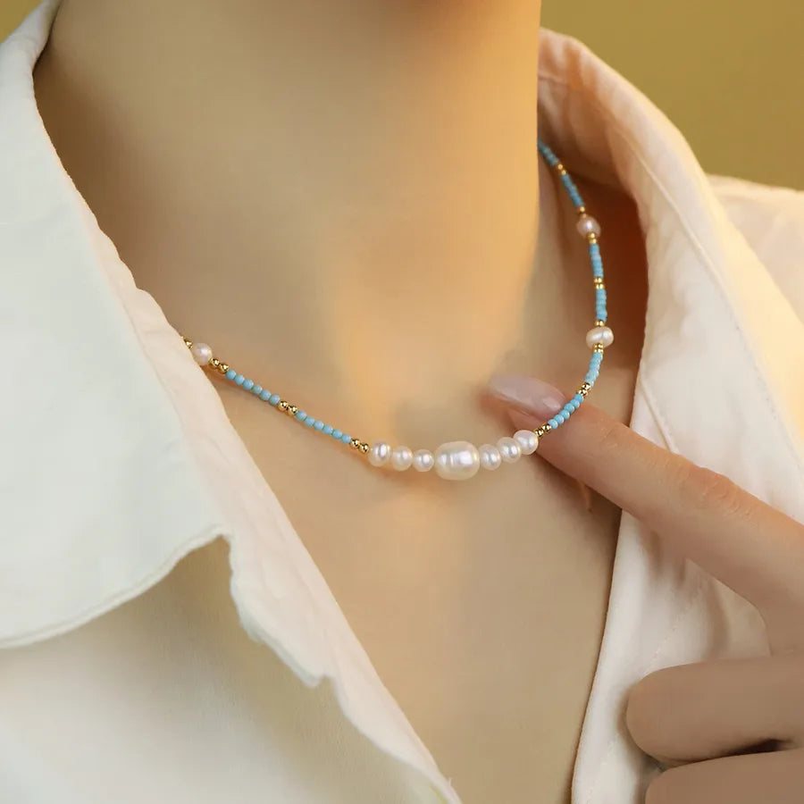 Turquoise & Pearl Beaded Necklace Set – Handmade