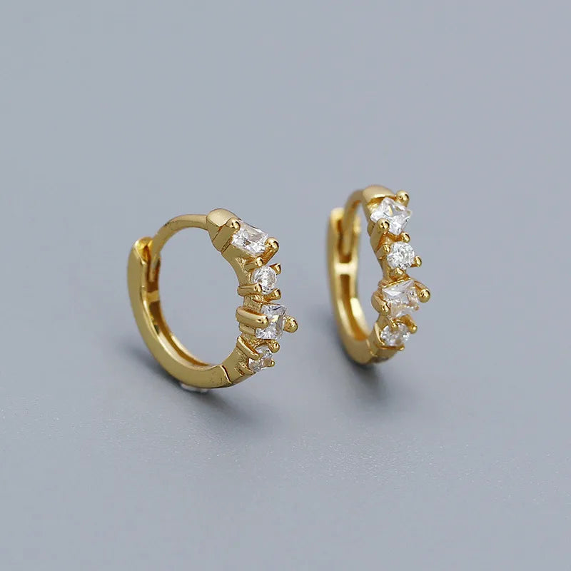 925 Sterling Silver Square Zircon Earrings Golden Silver Color