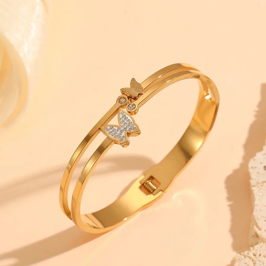 18K Gold Butterfly Bangle – Stainless Steel Double Row Butterfly Bracelet with Diamonds