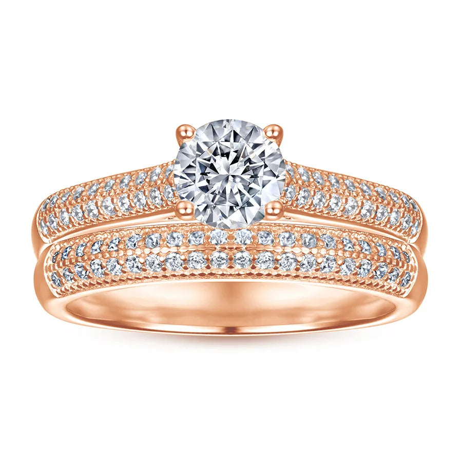 Couple's Sterling Silver Double Row Zircon Rings Rose Gold Ring Set