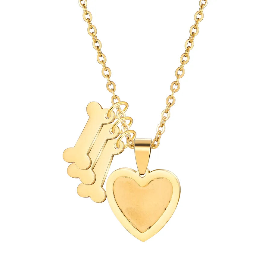 Gold Plated Heart & Bone Pet Name Necklace Dog Bone Heart Photo Gold 3