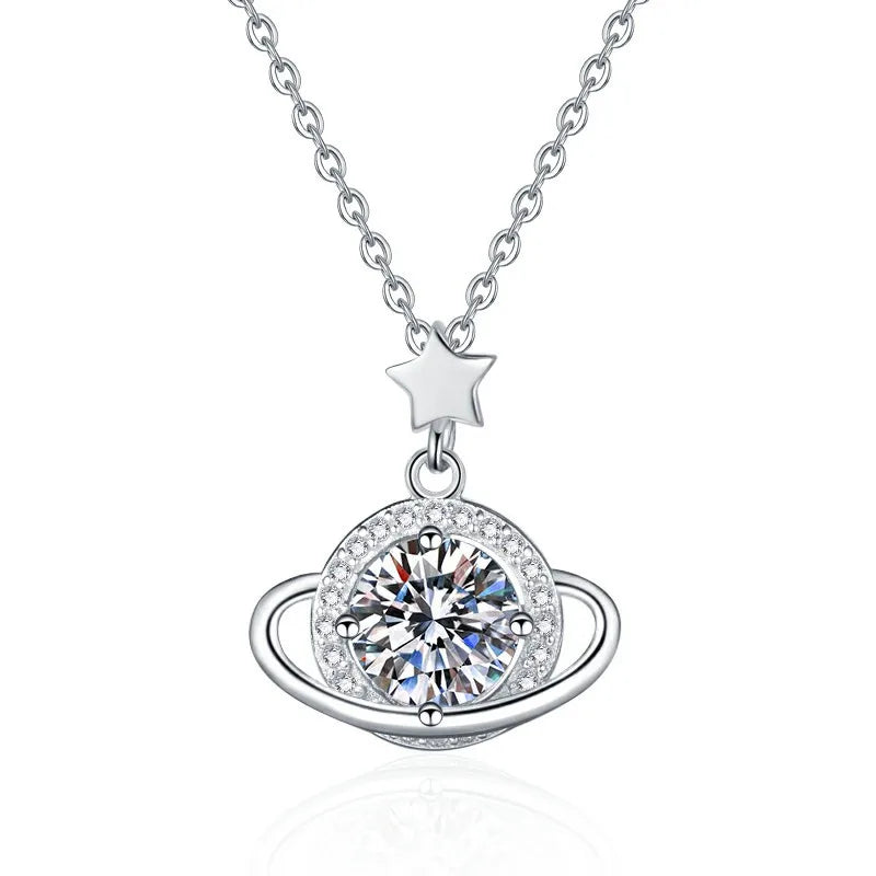 Sterling Silver Moissanite Starry Planet Necklace