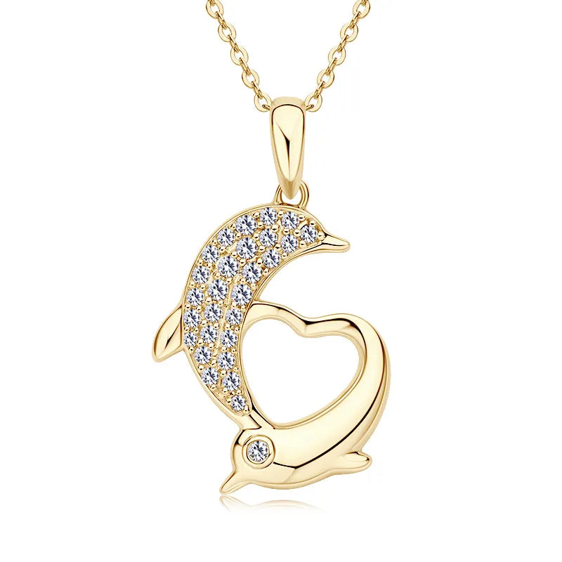 10K Gold Dolphin Pendant Necklace with Moissanite